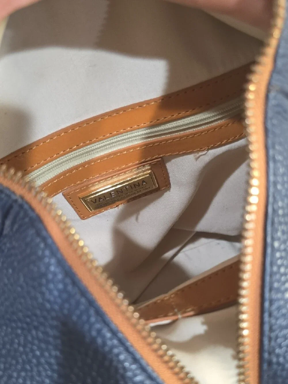 Valentina navy pebbled leather tote & Backpack with tan trim and gold logo